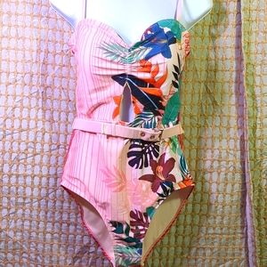 Nicole Miller pink floral/striped belted bathingsuit size 10